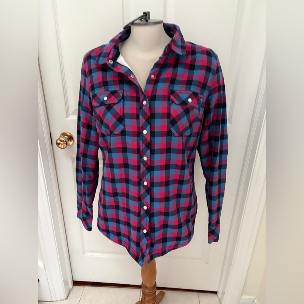 BC Clothing Plaid Button-Up Utility shacket/lined shirt - Pink & Blue